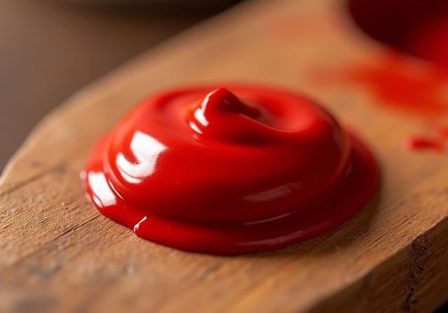A dollop of rich, buttery red oil paint on an artist's wooden palette.
