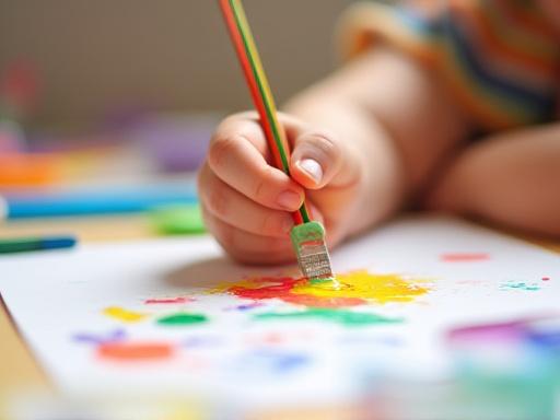 A child's hand happily painting with bright, non-toxic colors.