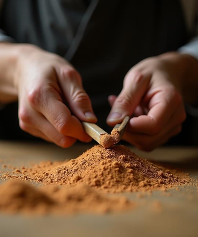 Close-up of a craftsman's hands carefully milling pigments, showing dedication and precision.